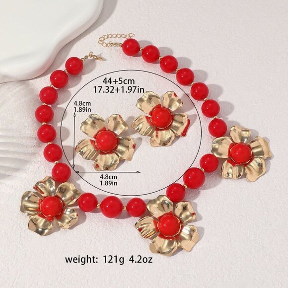 🌺Red Bead & Gold Flower Statement Necklace & Earring Set! - Picture 2 of 4
